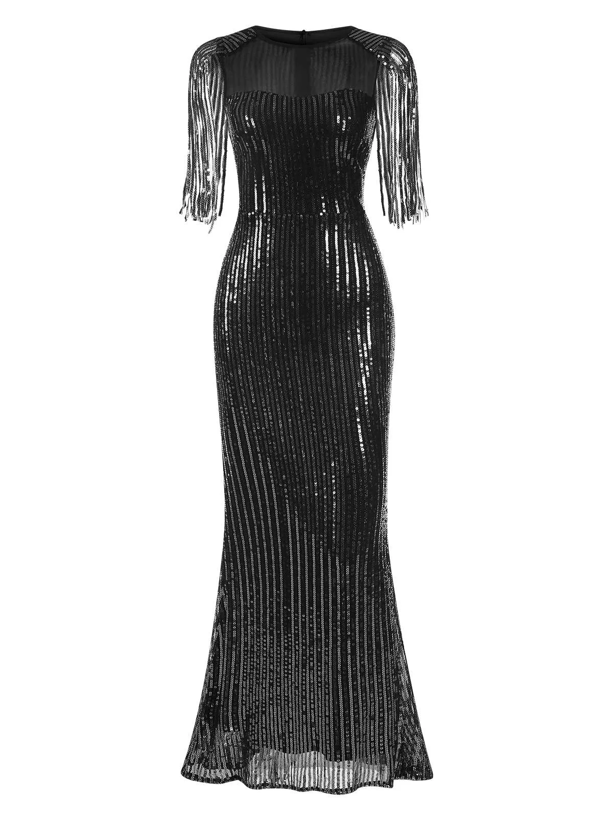 1930s Sequined Tassels Mesh Patchwork Dress