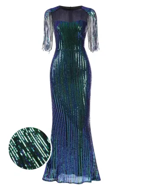 1930s Sequined Tassels Mesh Patchwork Dress