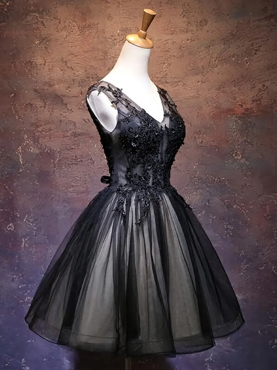 Adorable Black V-neckline Lace and Tulle Party Dress, Short Prom Dress