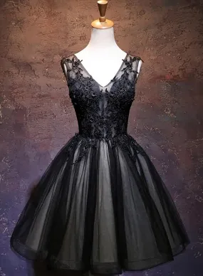 Adorable Black V-neckline Lace and Tulle Party Dress, Short Prom Dress