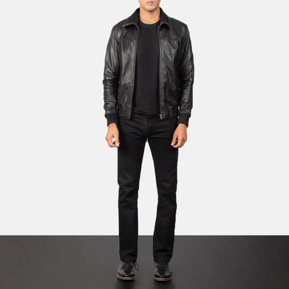 Air Rolf Black Leather Bomber Jacket