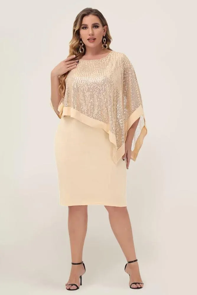 Apricot Sequined Capelet Decorated Scoop Neck Bodycon Dress