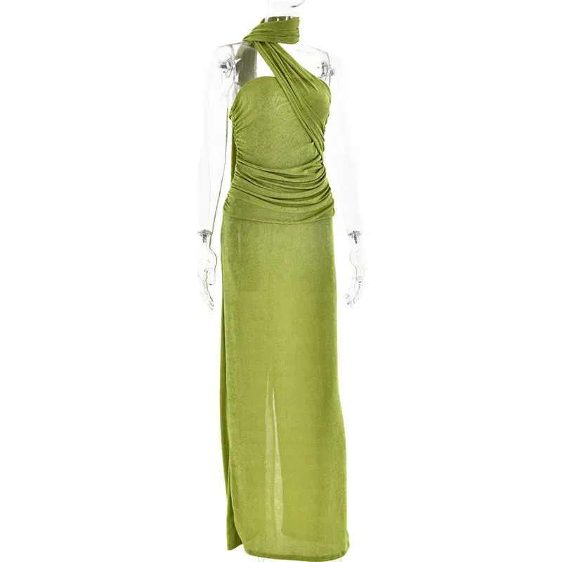 Backless Halter Ruched Maxi Dress for Evening Parties