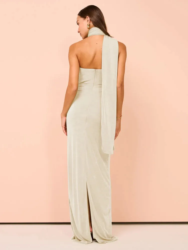 Backless Halter Ruched Maxi Dress for Evening Parties