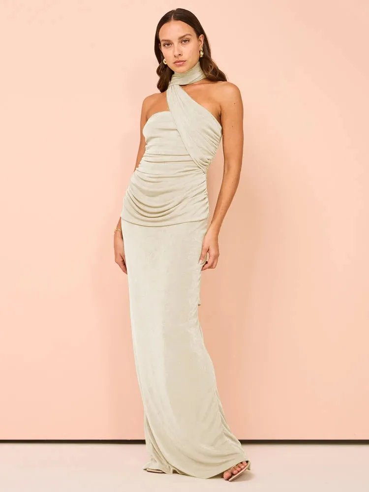 Backless Halter Ruched Maxi Dress for Evening Parties