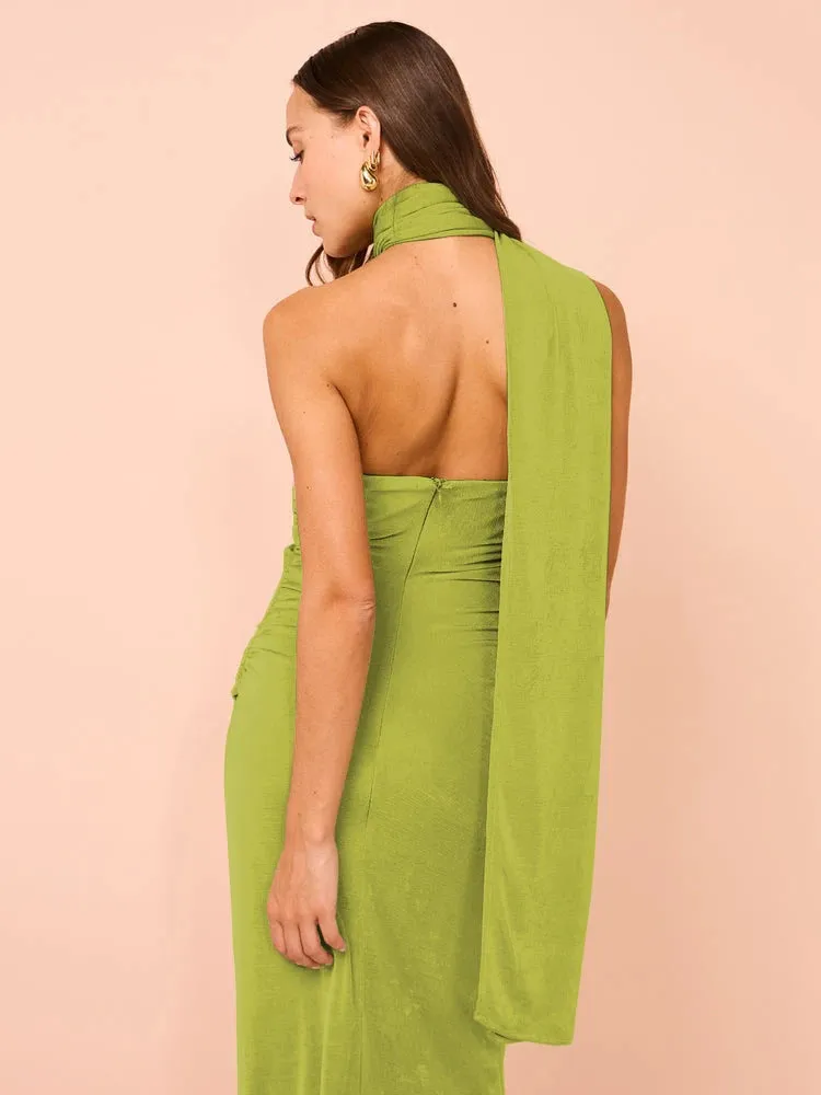 Backless Halter Ruched Maxi Dress for Evening Parties