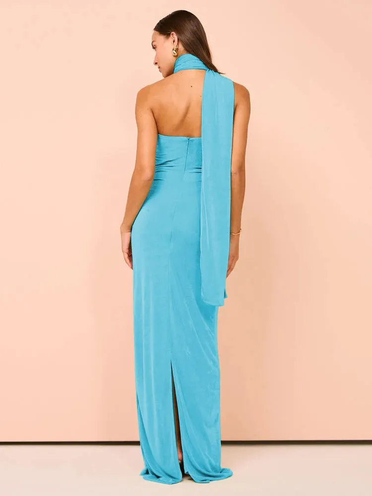 Backless Halter Ruched Maxi Dress for Evening Parties