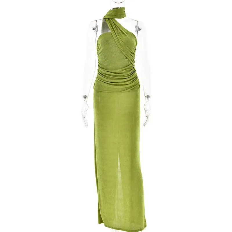 Backless Halter Ruched Maxi Dress for Evening Parties