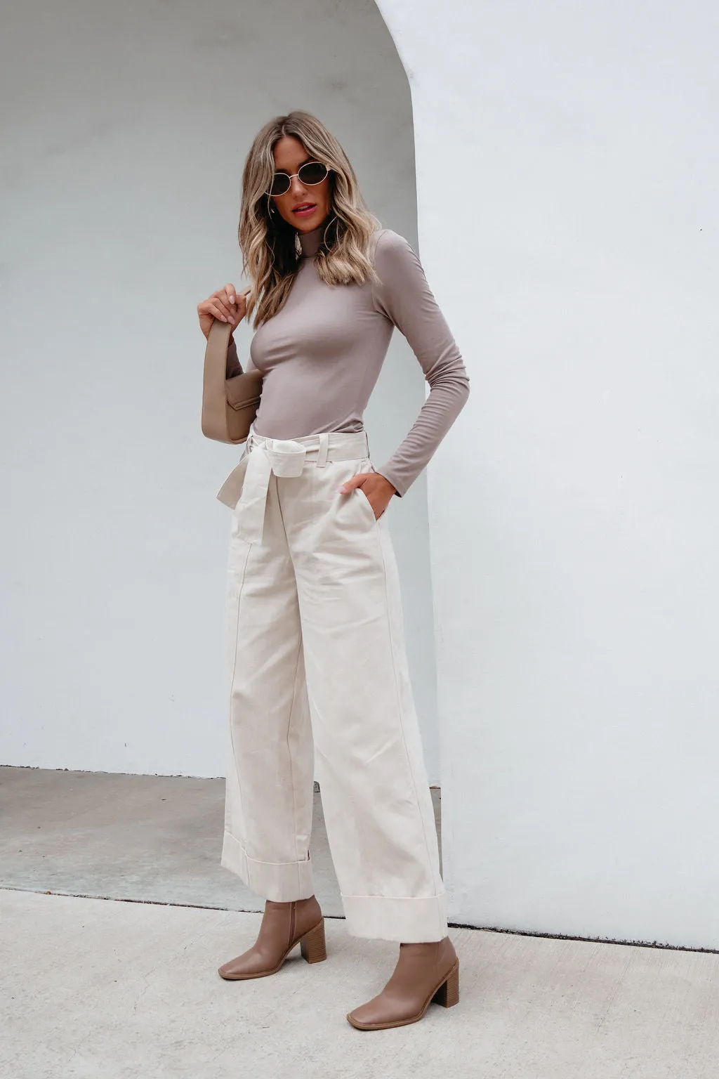 Belted Wide Leg Cuffed Pants - Natural - FINAL SALE