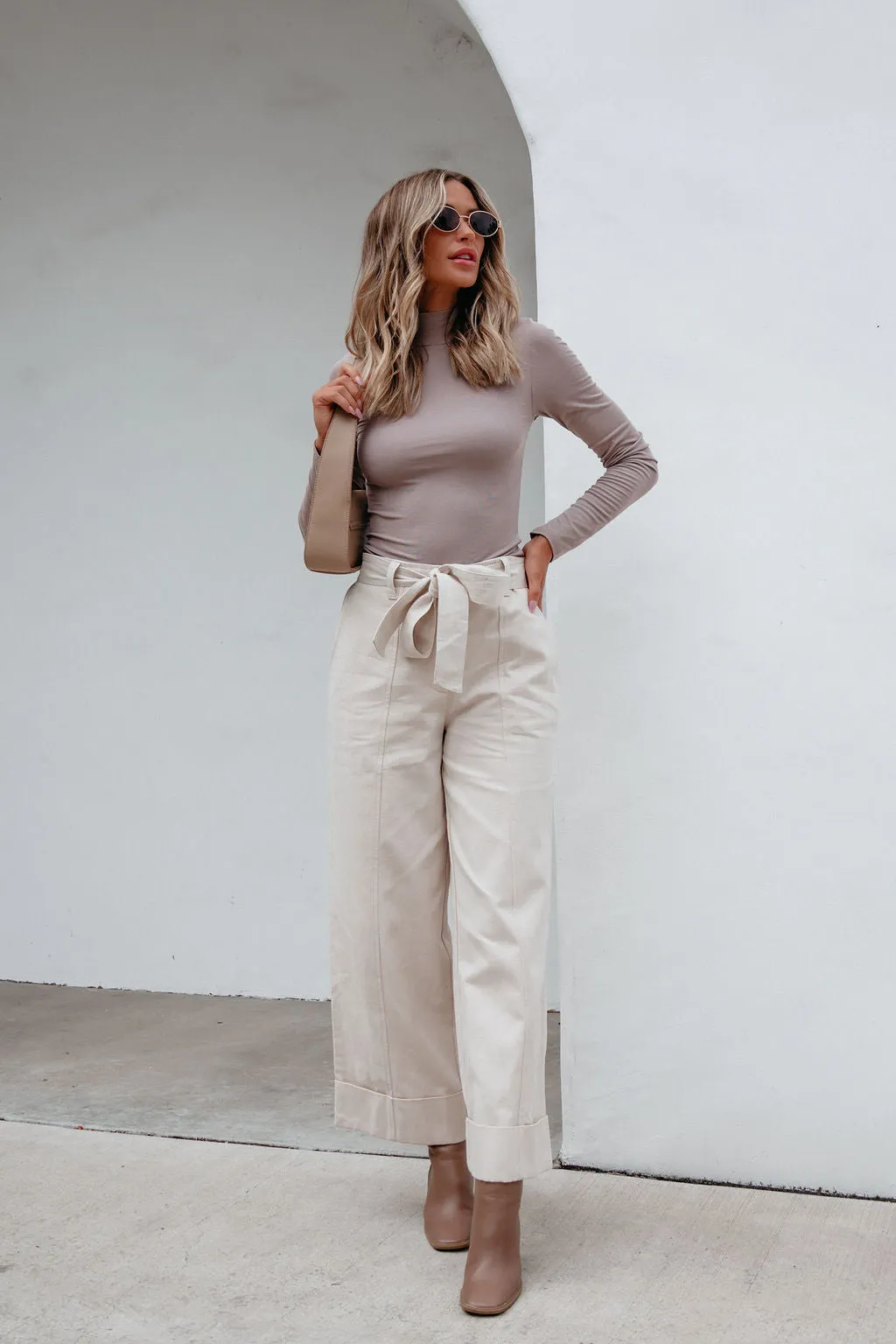 Belted Wide Leg Cuffed Pants - Natural - FINAL SALE