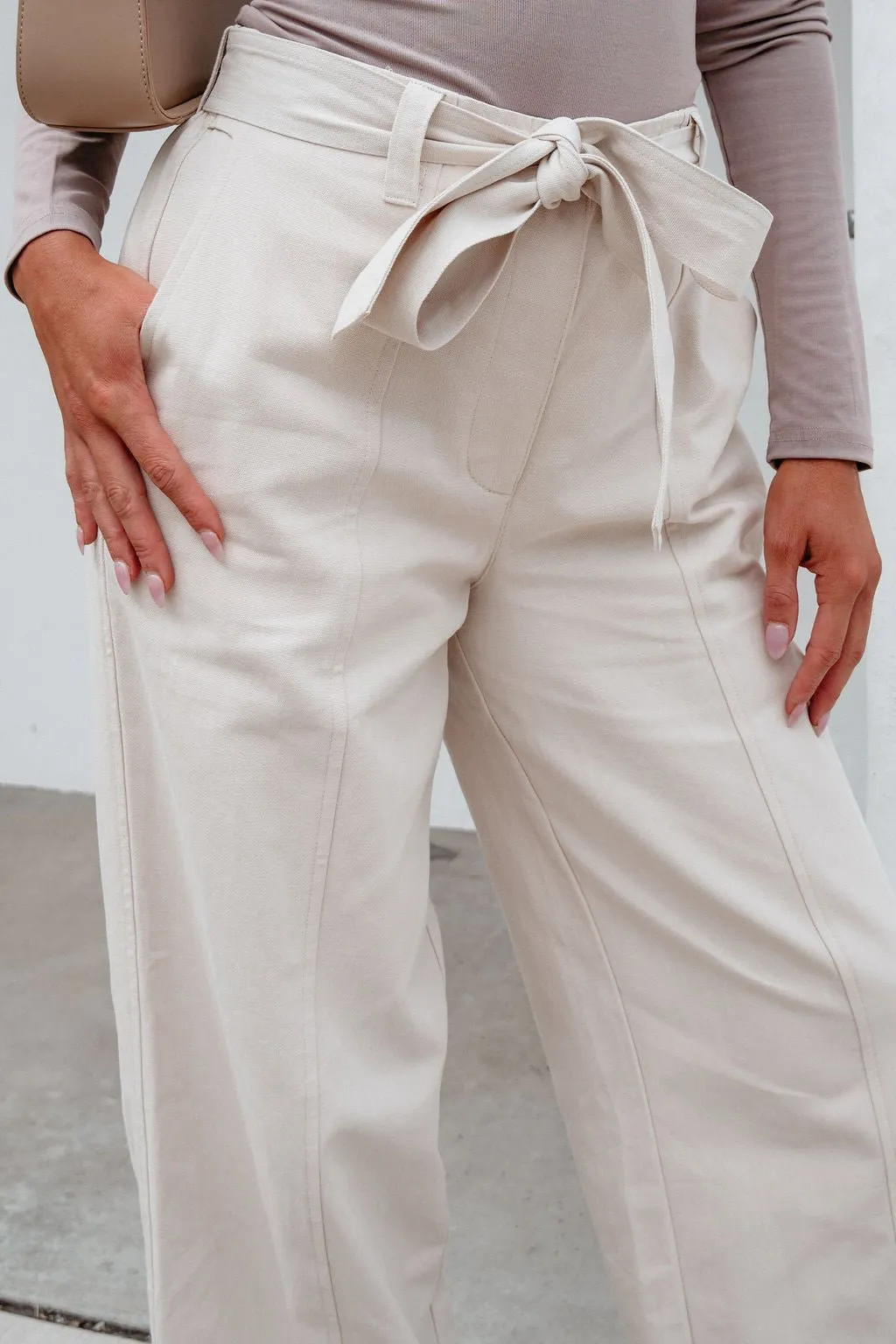 Belted Wide Leg Cuffed Pants - Natural - FINAL SALE