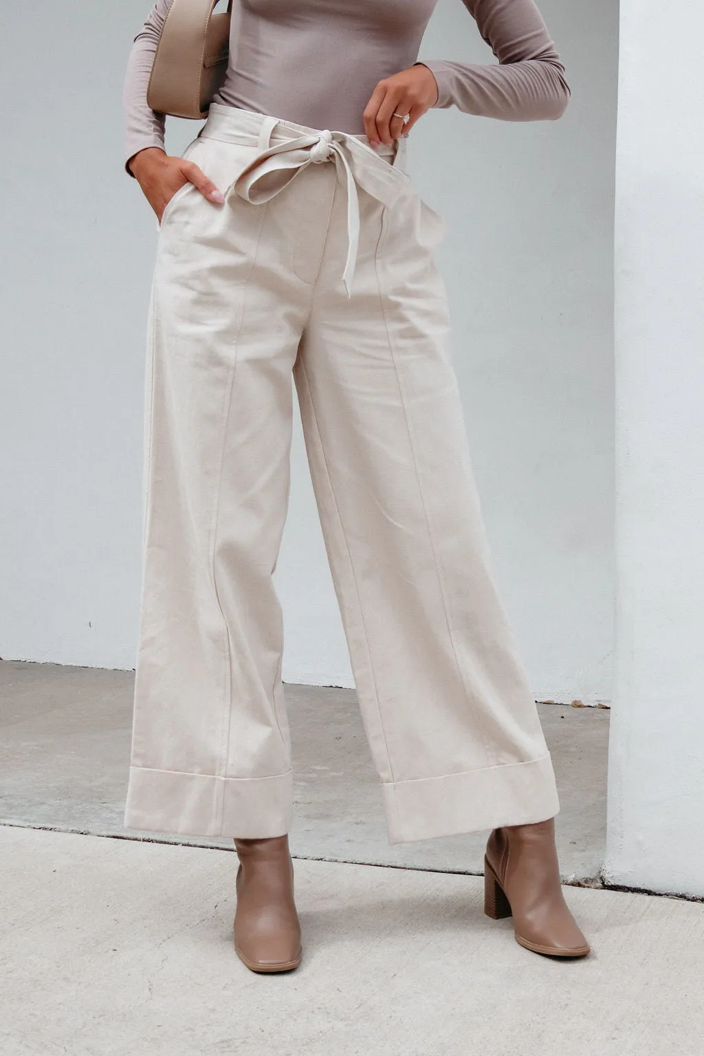 Belted Wide Leg Cuffed Pants - Natural - FINAL SALE