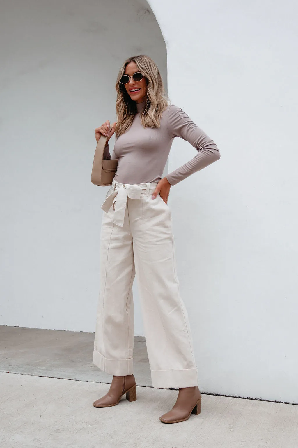 Belted Wide Leg Cuffed Pants - Natural - FINAL SALE