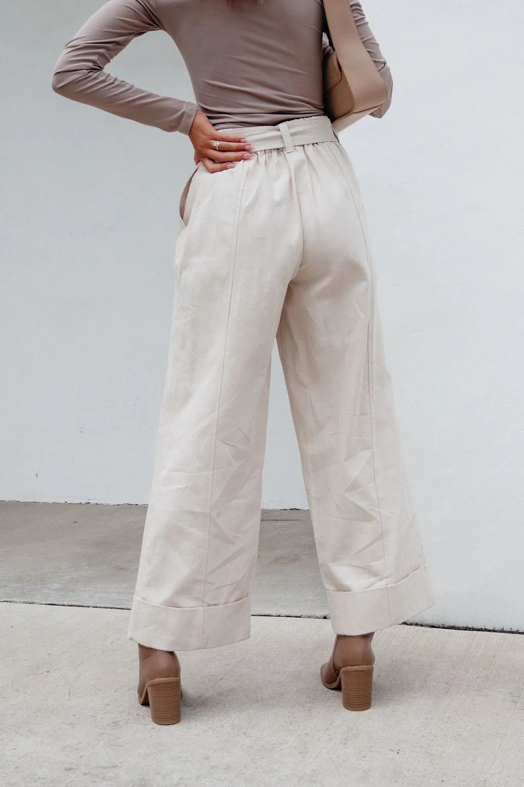 Belted Wide Leg Cuffed Pants - Natural - FINAL SALE