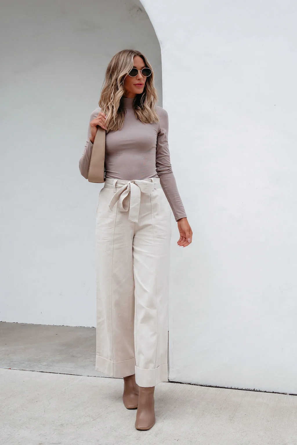 Belted Wide Leg Cuffed Pants - Natural - FINAL SALE