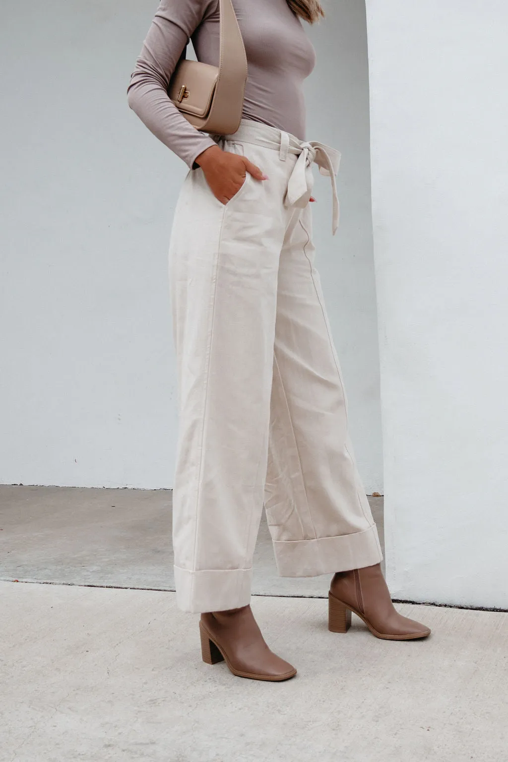 Belted Wide Leg Cuffed Pants - Natural - FINAL SALE