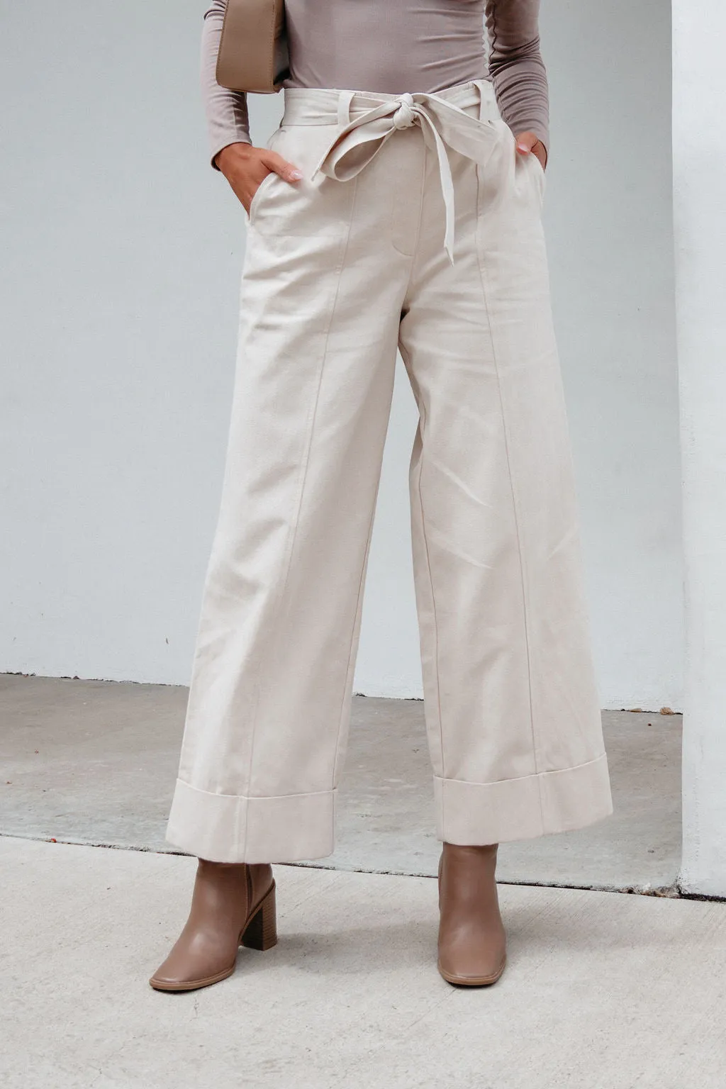 Belted Wide Leg Cuffed Pants - Natural - FINAL SALE