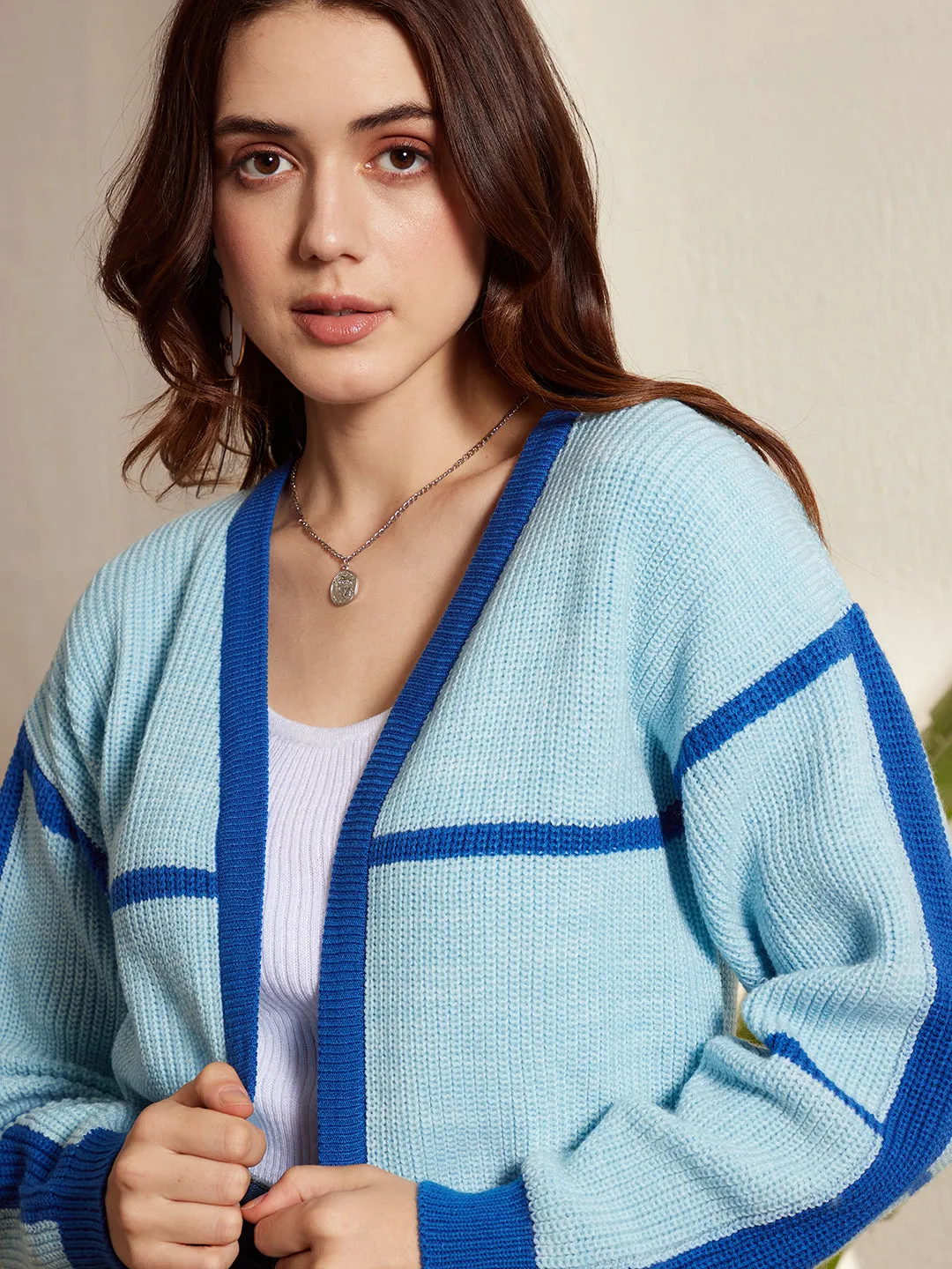 Berrylush Women Blue Striped Print Open-Front Neck Contrast Trim Ribbed Hem Regular Duster Cardigan