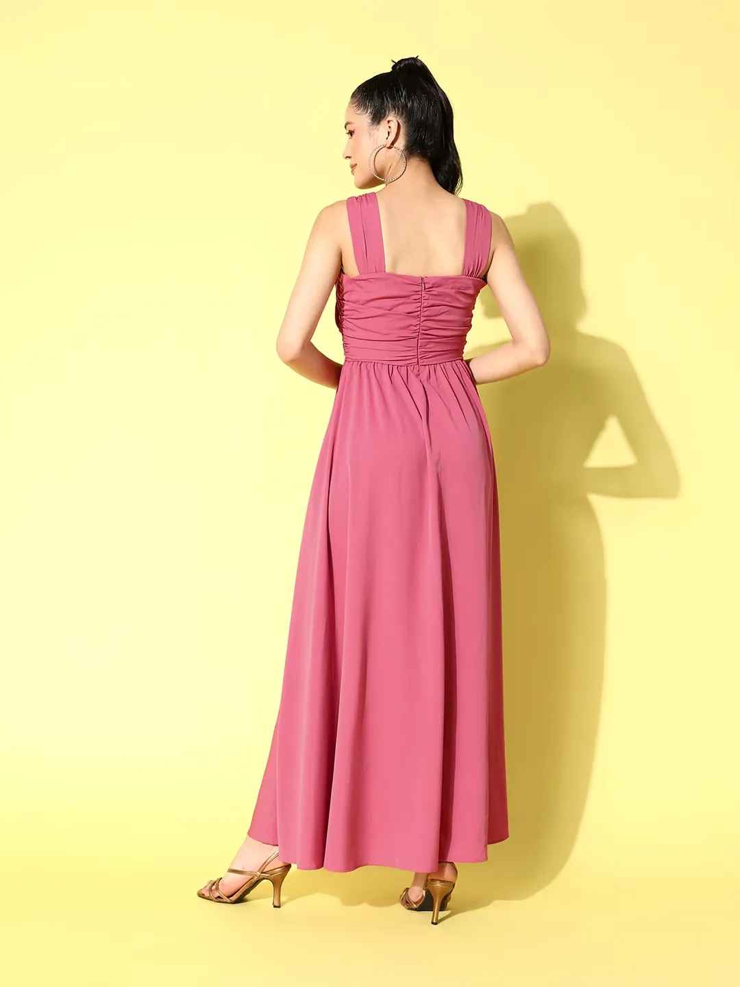 Berrylush Women Solid Pink V-Neck Criss-Cross Back Crepe Flared A-Line Maxi Dress