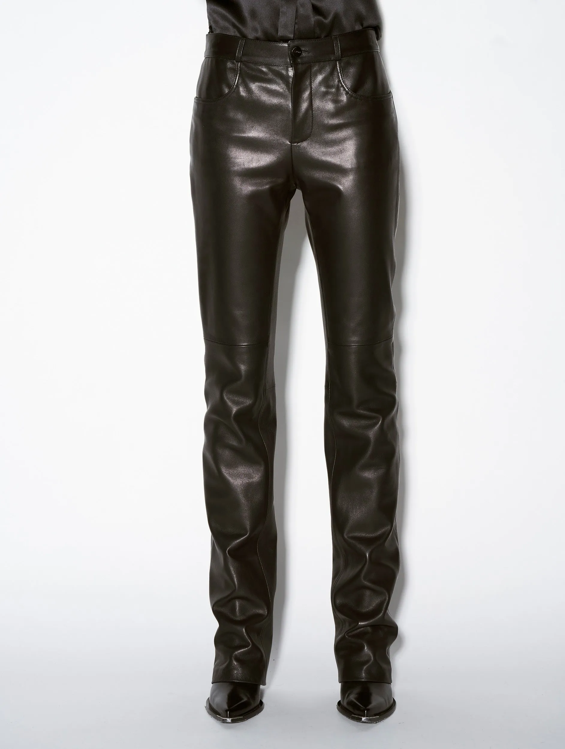 Black plongé leather straight fit trousers