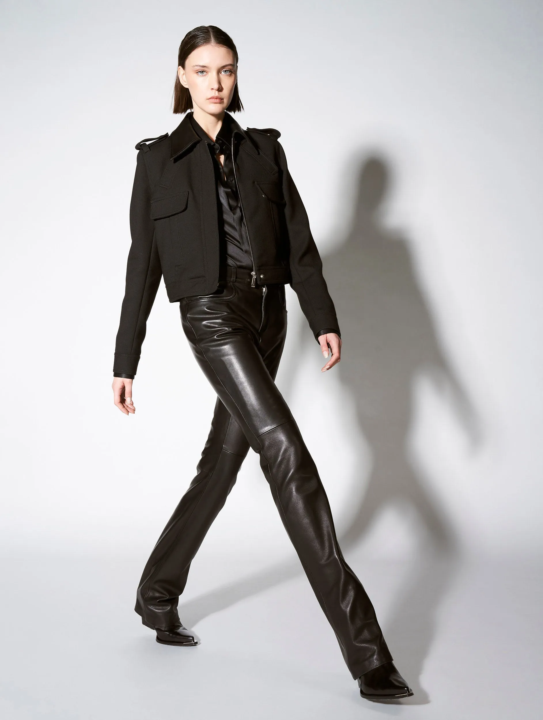 Black plongé leather straight fit trousers