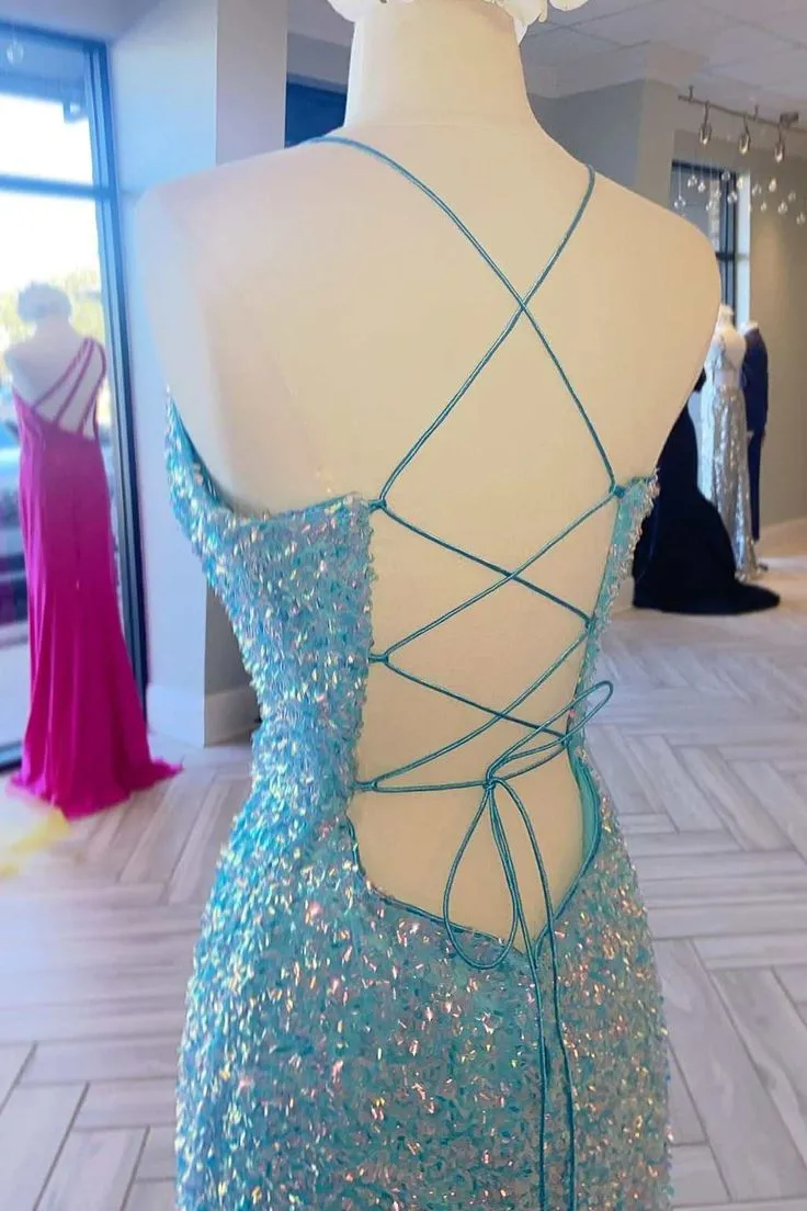 Blue Iridescent Sequin Lace-Up Long Prom Dress with Slit     fg6608