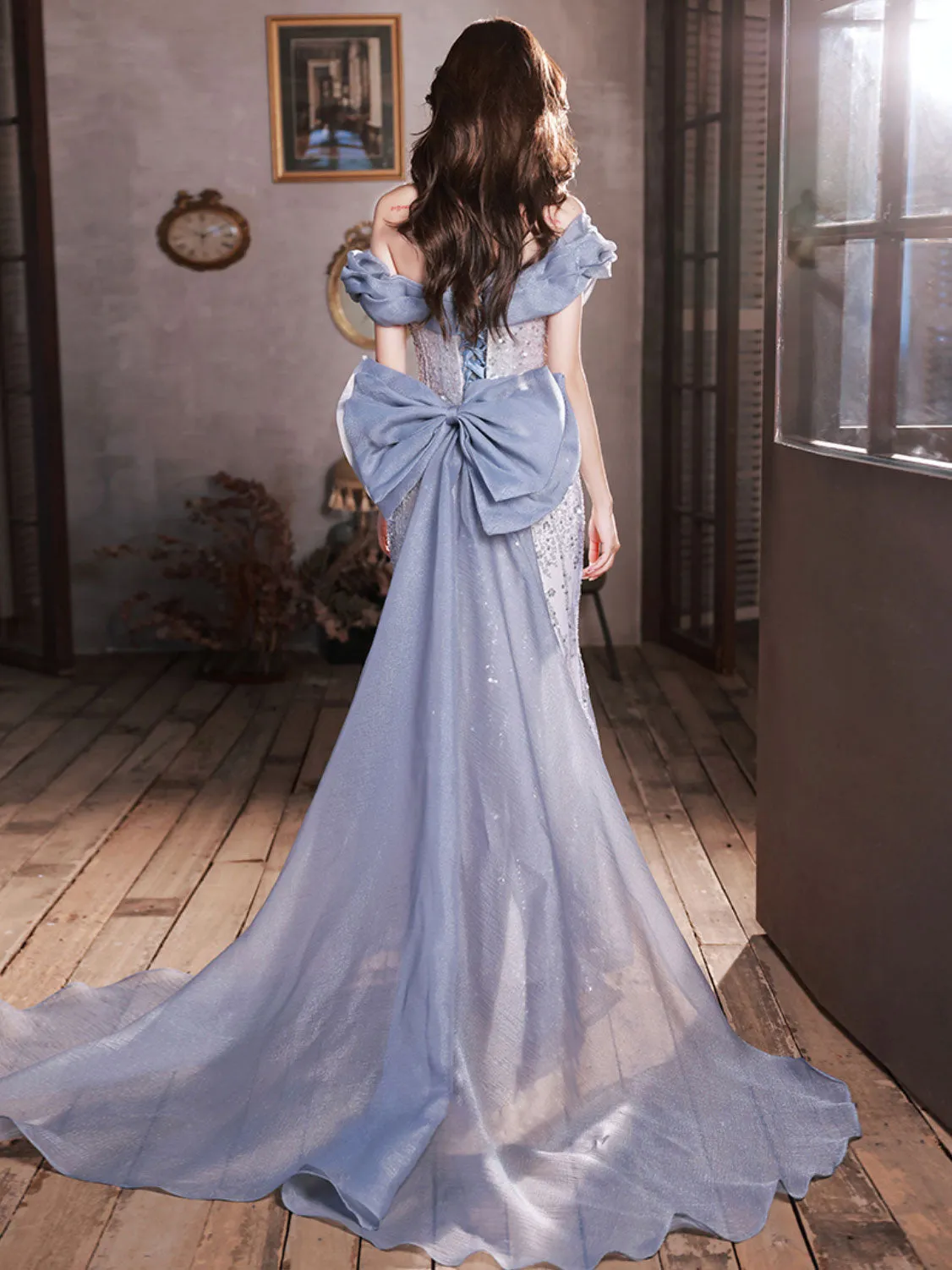 Blue Off Shoulder Tulle Sequin Mermaid Long Prom Dress, Blue Formal Dress