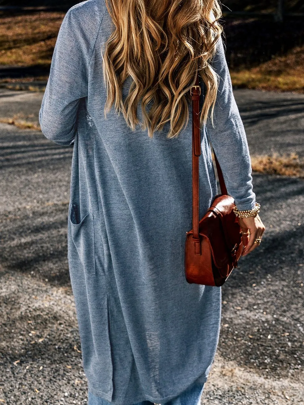 Blue Slub Knit Open-Front Maxi Cardigan with Pockets