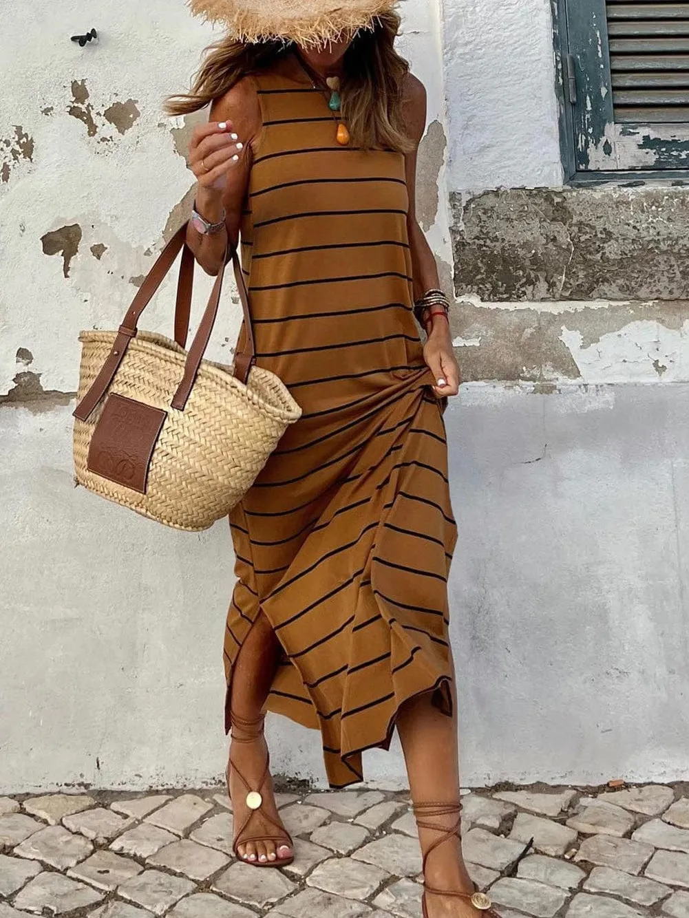 Brown Striped Open Back Maxi Dress with Side Slits