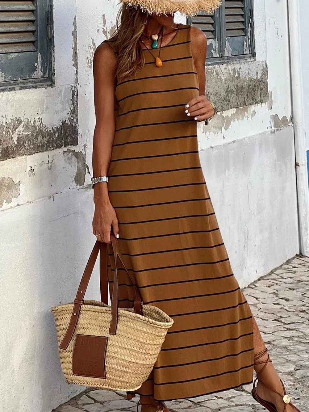 Brown Striped Open Back Maxi Dress with Side Slits