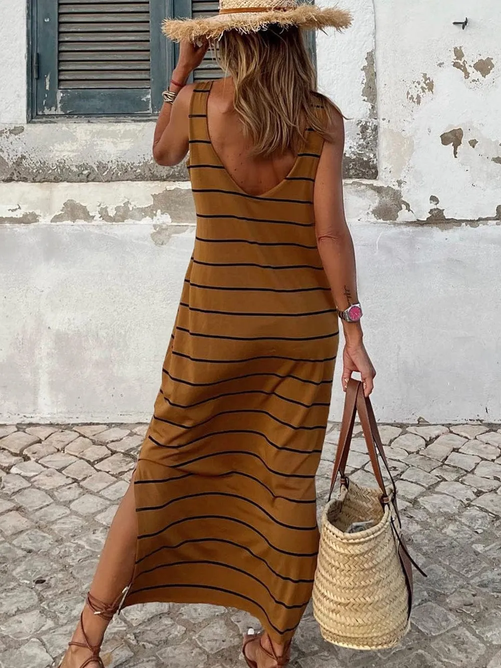 Brown Striped Open Back Maxi Dress with Side Slits