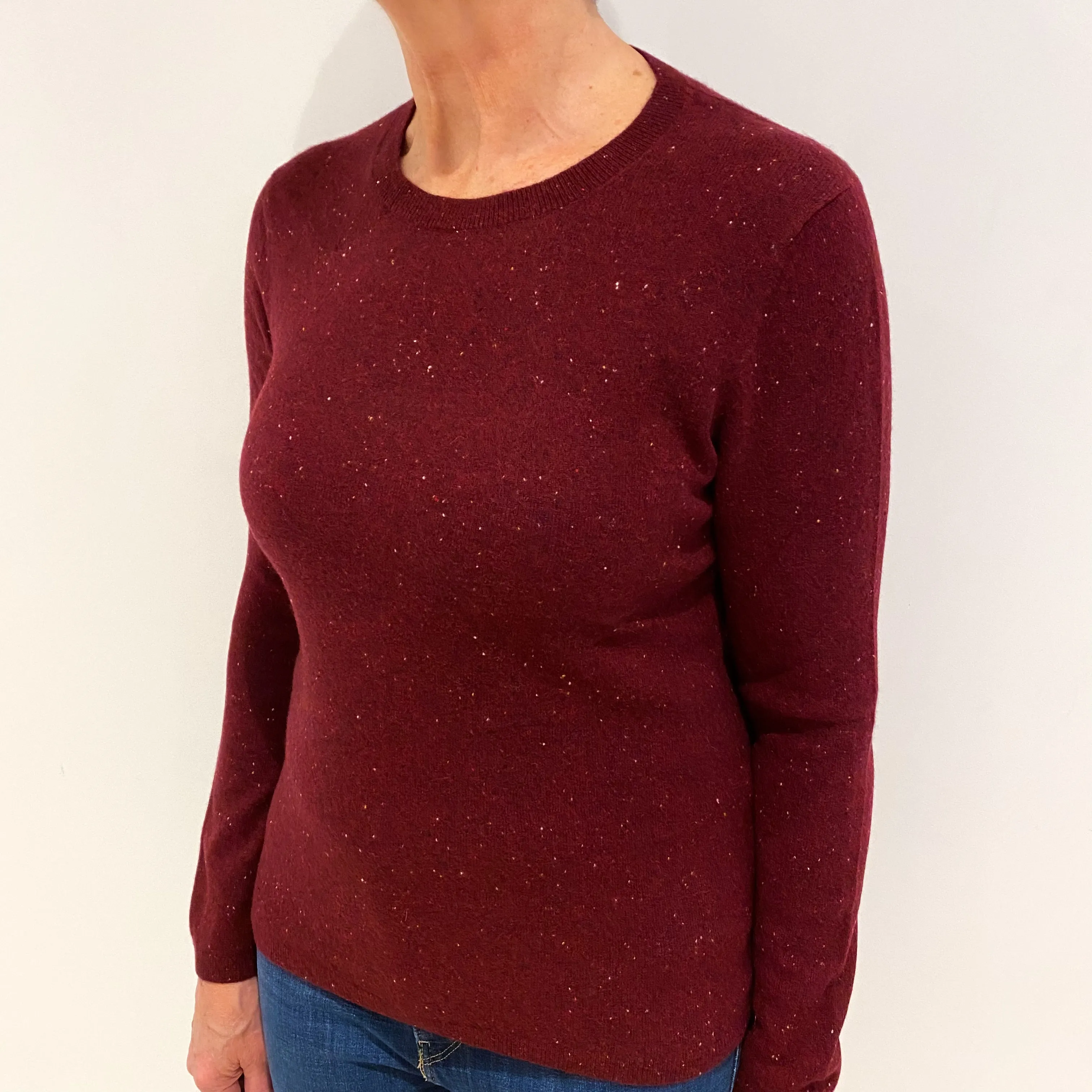 Burgundy Red Flecked Cashmere Crew Neck Jumper Medium