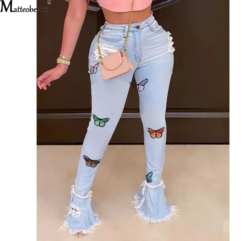 Butterfly Embroidery Denim Flare Pants Women High Waist Skinny Jeans Wide Leg Trousers Ladies Casual Bell Bottom Jeans