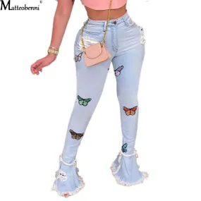 Butterfly Embroidery Denim Flare Pants Women High Waist Skinny Jeans Wide Leg Trousers Ladies Casual Bell Bottom Jeans