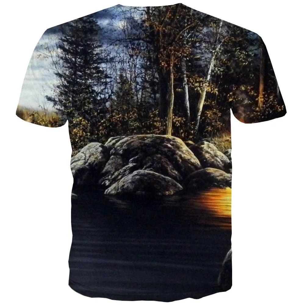 Camping T-shirt Men Sunset Tshirt Printed Forest T shirts Funny Flame T-shirts 3d