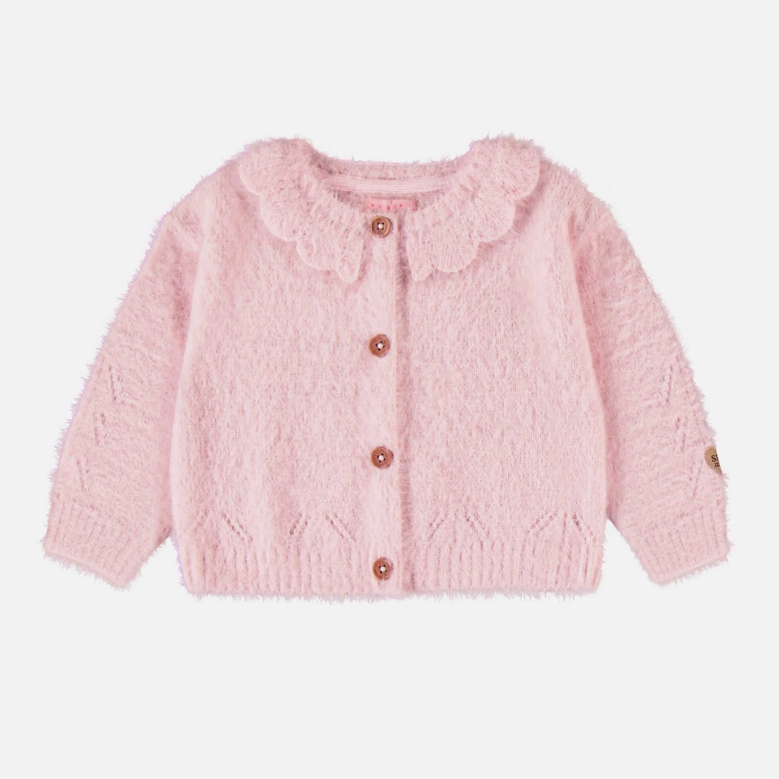 Cardigan de maille rose pâle avec col rond à volant, bébé || Light pink knitted cardigan with ruffled collar, baby