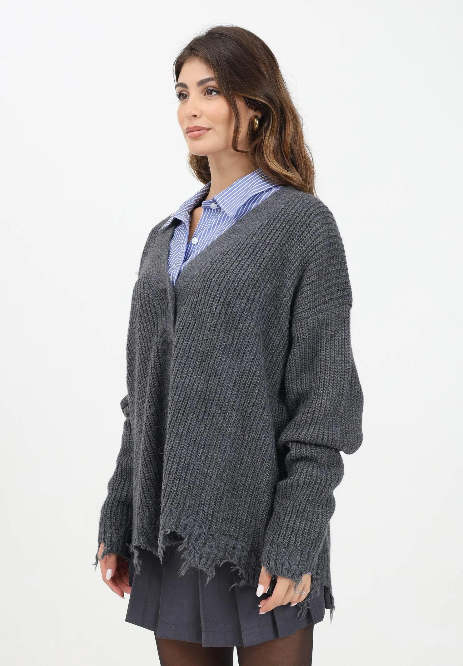 Cardigan over grigio da donna con motivo sfilacciato