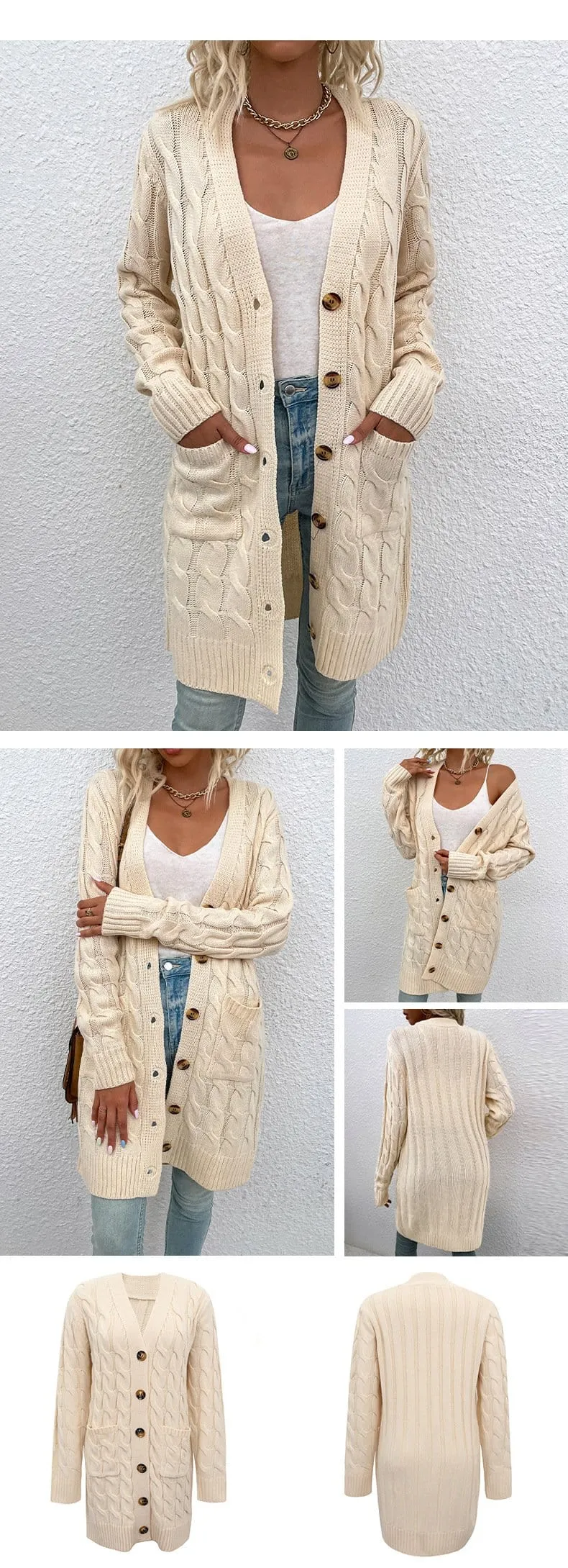 Casual Button-Down Open Front Cable Knit Cardigan