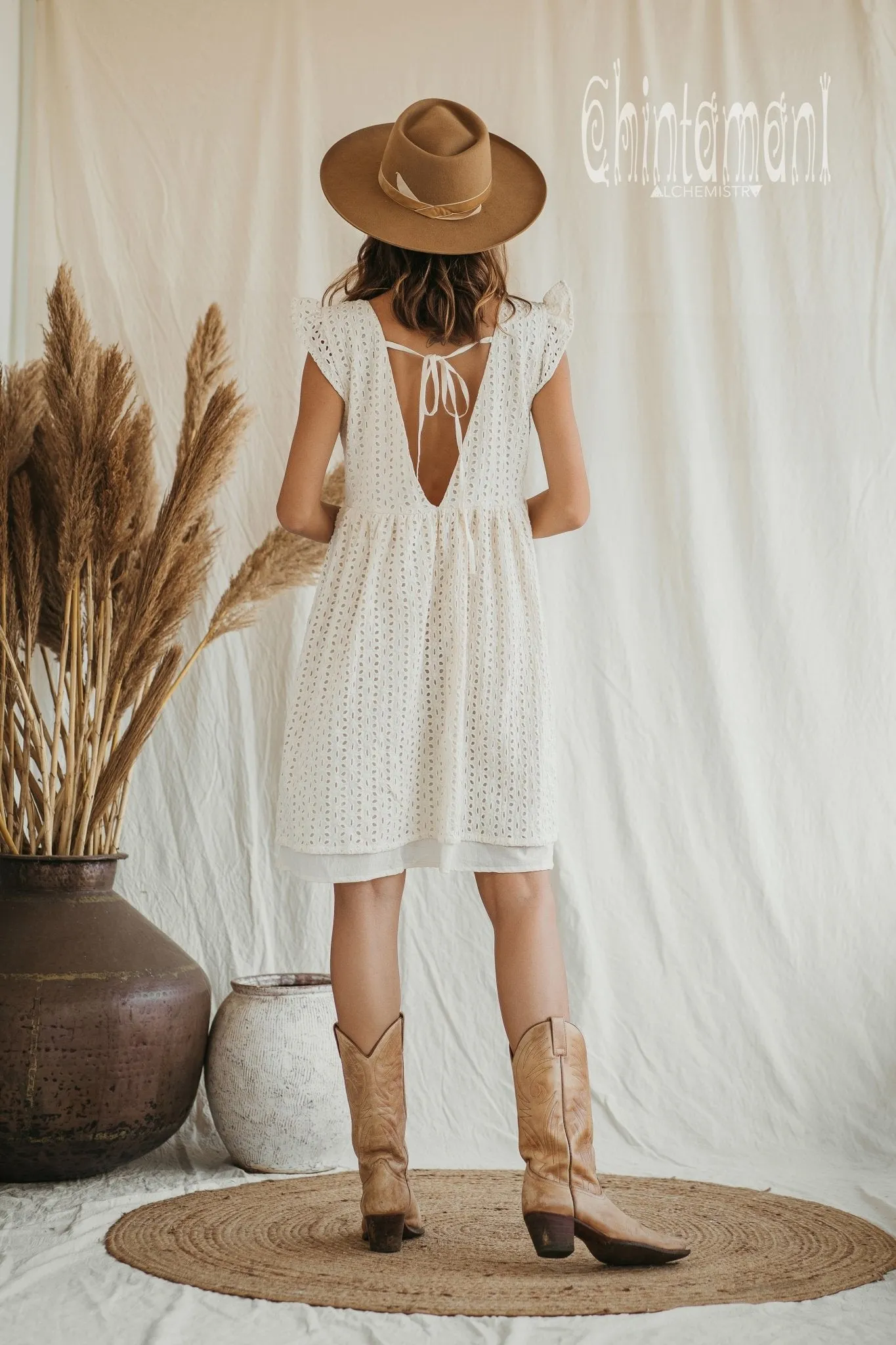 Certified Organic Cotton Mini Dress with Flower Eyelets / White