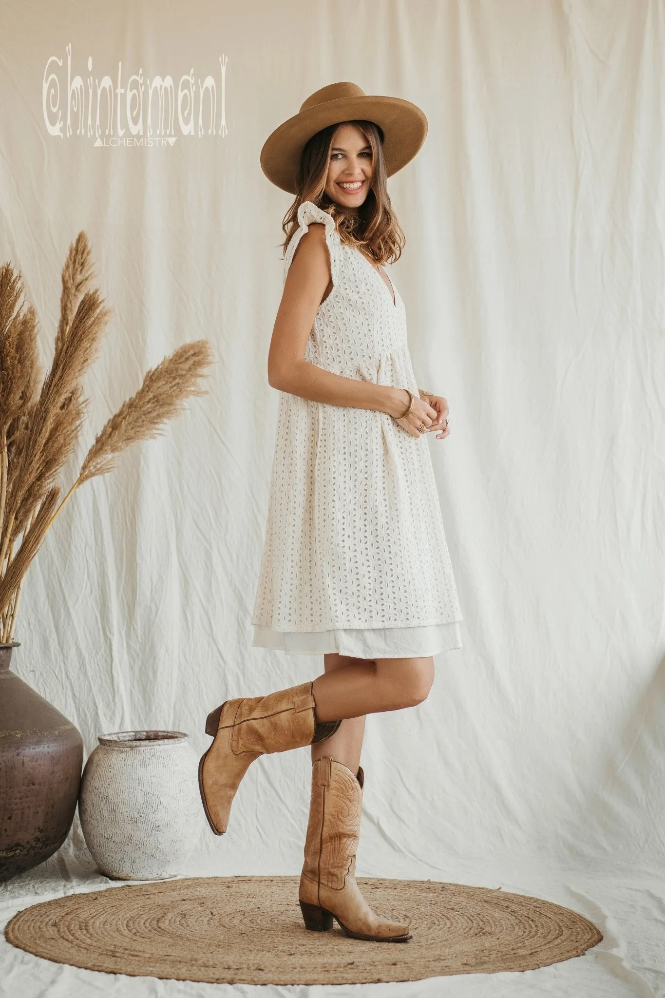 Certified Organic Cotton Mini Dress with Flower Eyelets / White