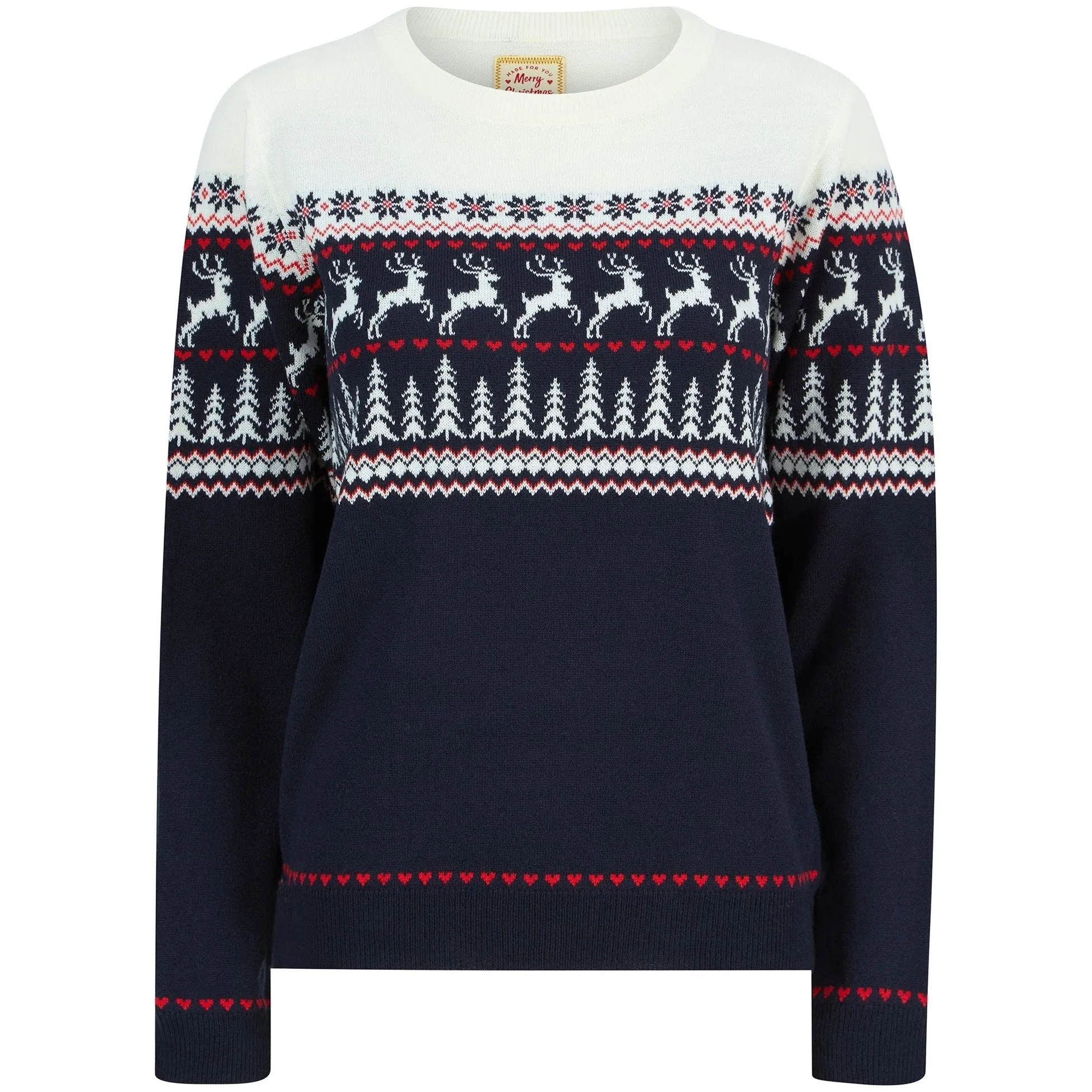 Christmas Reindeer Heart Nordic Fairisle Womens Jumper - Navy