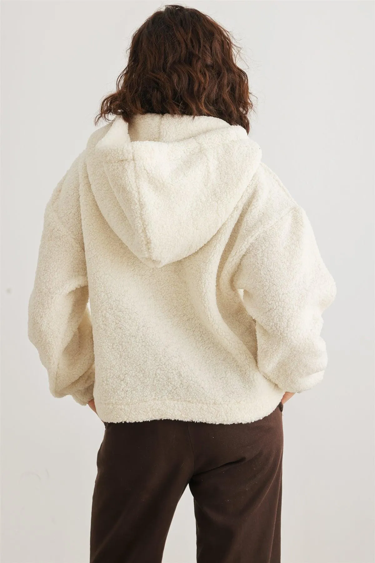 Cream Teddy Knit Button-Up Two Pocket Hooded Sweater /2-1-3