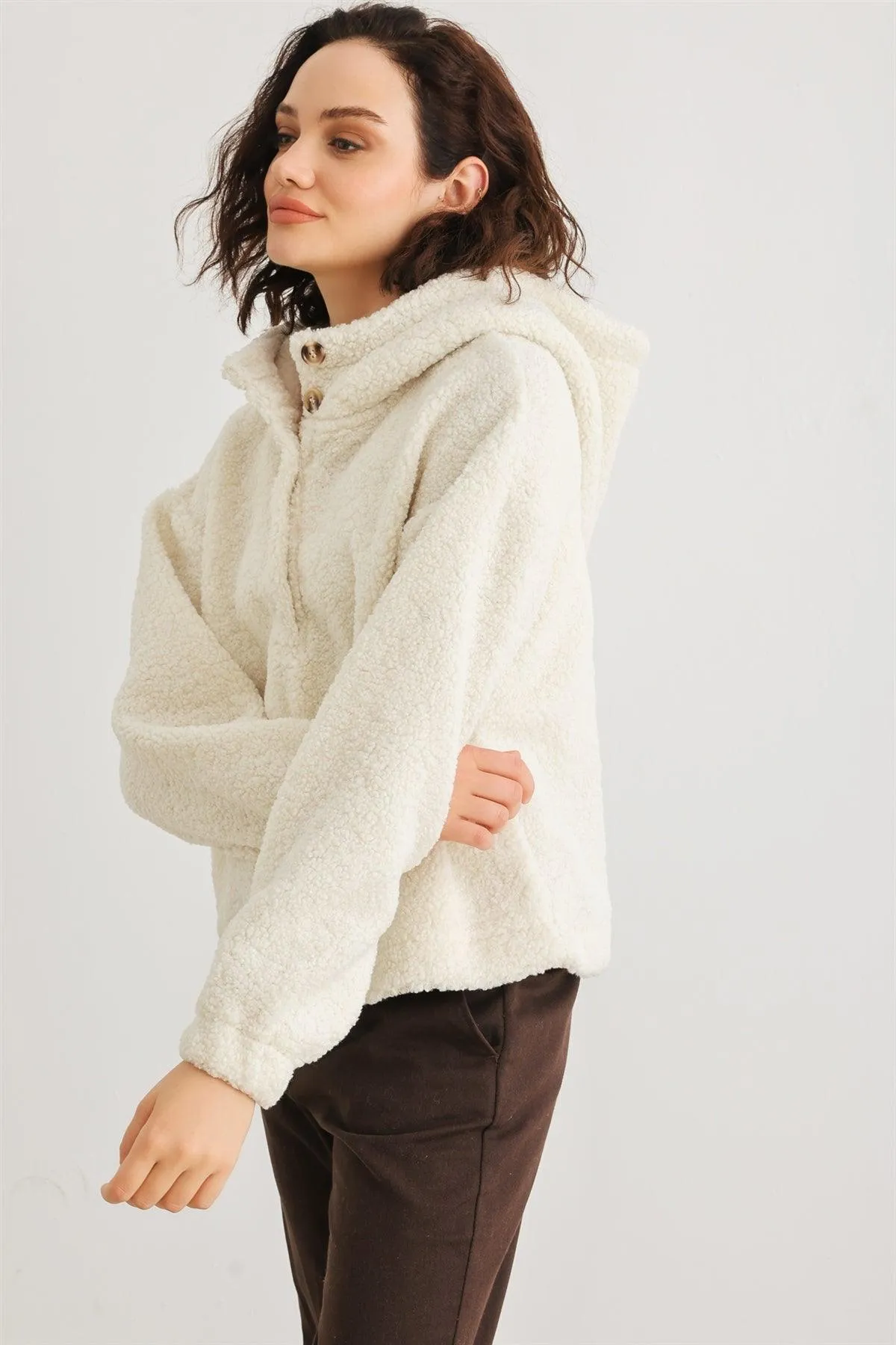 Cream Teddy Knit Button-Up Two Pocket Hooded Sweater /2-1-3