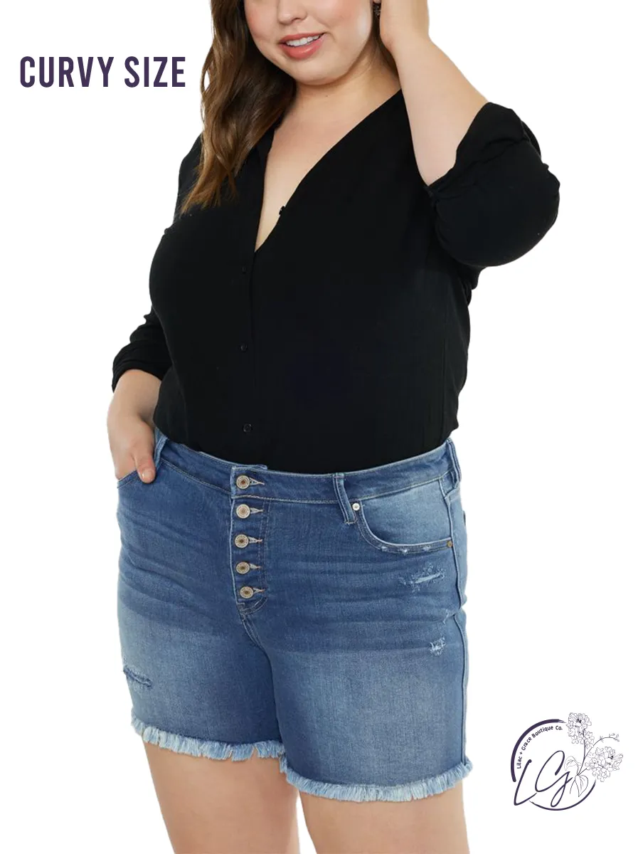 Curvy Zelda Mid Rise Button Fly Denim Shorts by KanCan