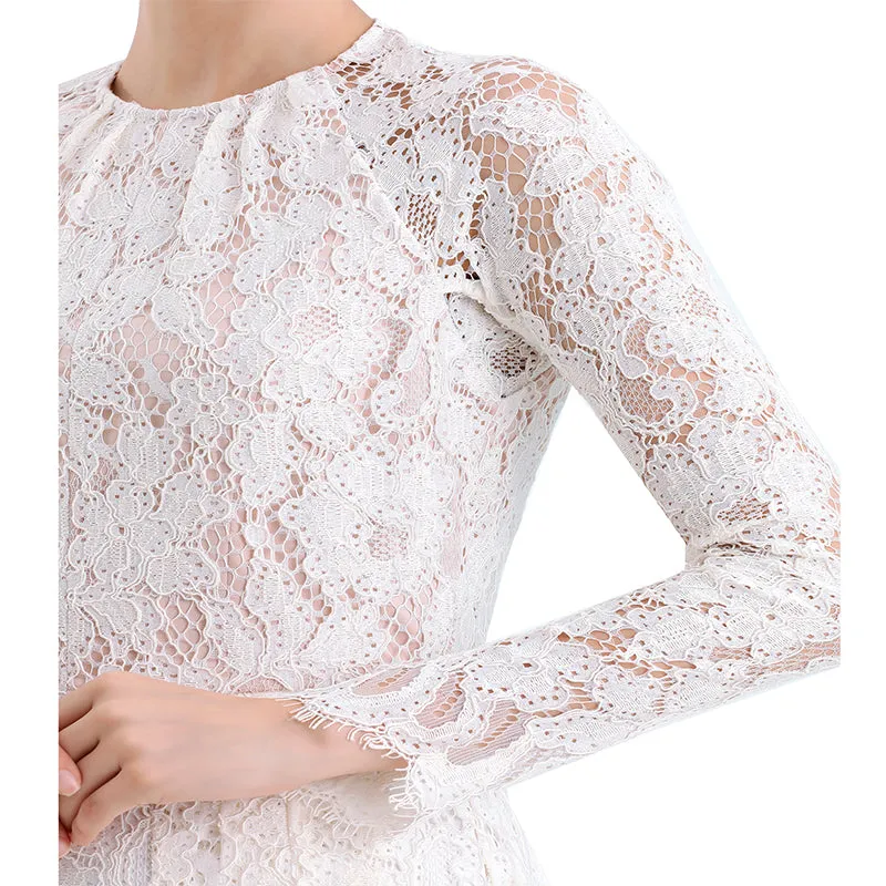 D080-3 Women floral scallop lace long sleeves flared pleated party midi dress