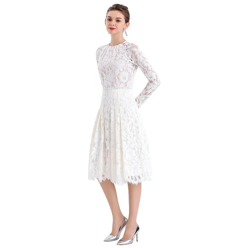 D080-3 Women floral scallop lace long sleeves flared pleated party midi dress