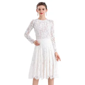 D080-3 Women floral scallop lace long sleeves flared pleated party midi dress