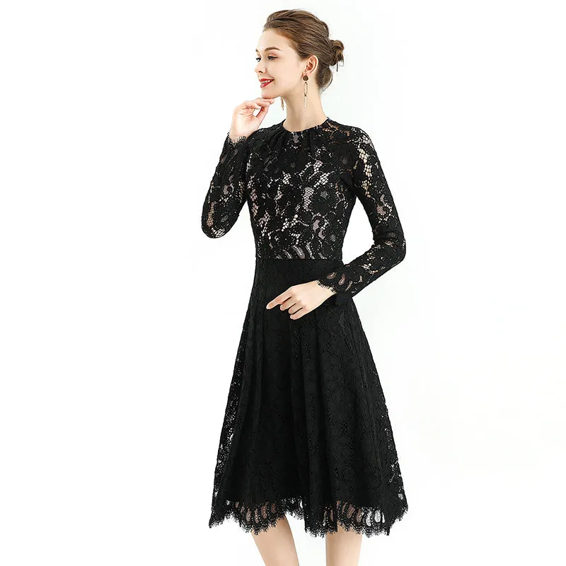 D080-3 Women floral scallop lace long sleeves flared pleated party midi dress