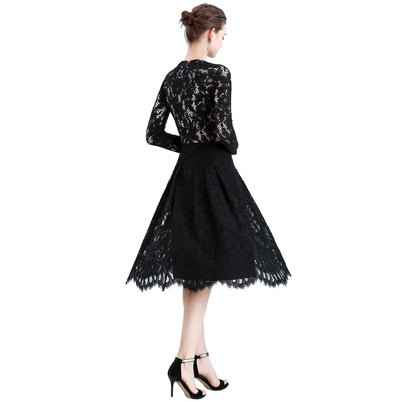 D080-3 Women floral scallop lace long sleeves flared pleated party midi dress