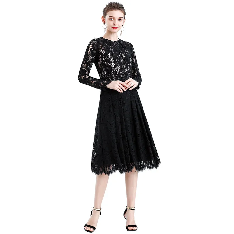 D080-3 Women floral scallop lace long sleeves flared pleated party midi dress